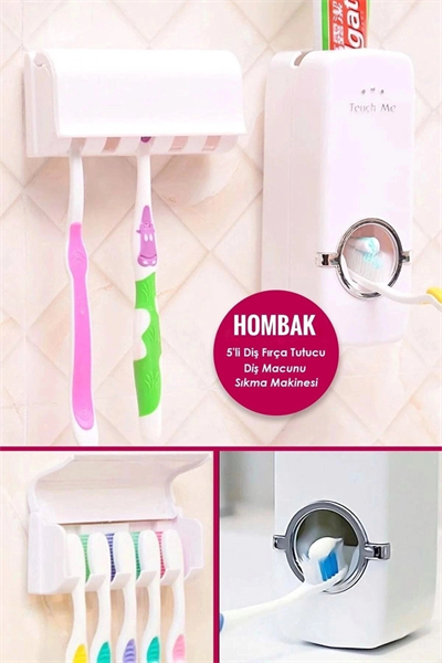 5li Diş Fırçalık Macun Sıkıcı Seti Duvara Monte Beyaz Hijyenik Pratik Organizer