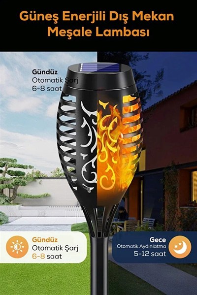4 lü Güneş Enerjili Alev Efektli LED Meşale Seti | Solar Bahçe ve Dış Mekan Aydınlatması