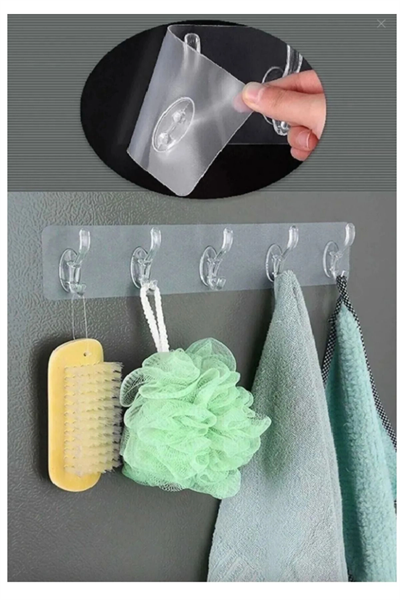 5li Kendinden Yapışkanlı Güçlü Şeffaf Askılık - Kapı Arkası Mutfak Duvar Banyo Askı
