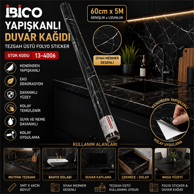 5mt X 60cm Siyah Mermer Desenli Tezgah Üstü Folyo Sticker - Duvar Kağıt Kendinden Yapışkanlı - Eko Dekorasyon - Dayanıklı Bx40