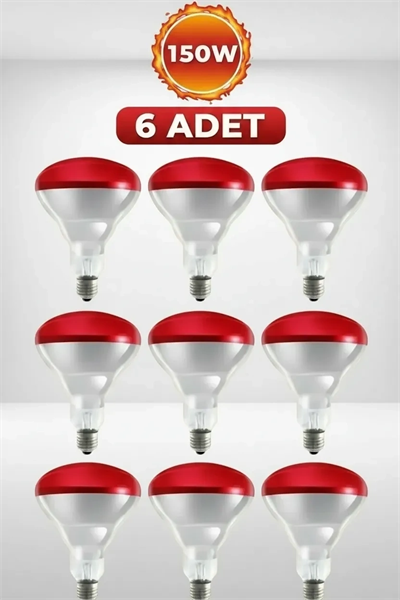 (6 Adet) 150W Kızılötesi Isıtıcılı Hayvan Isıtma ve Kuluçka Lambası (Kırmızı Işık) E27 (Kalın Duy)