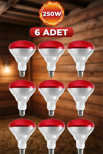 (6 Adet) 250W Kızılötesi Isıtıcılı Hayvan Isıtma ve Kuluçka Lambası (Kırmızı Işık) E27 (Kalın Duy)