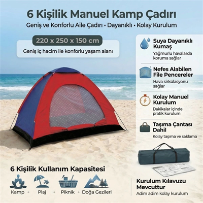 6 Kişilik Manuel Kurulum Kamp Çadırı – Aile, Doğa, Piknik Ve Outdoor Kamp Çadırı 220x250x150 Cm Bx40