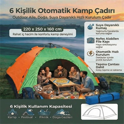 6 Kişilik Otomatik Kurulum Kamp Çadırı – Outdoor Aile, Doğa, Suya Dayanıklı Hızlı Kurulum Çadır 220x250x160 Cm Bx40