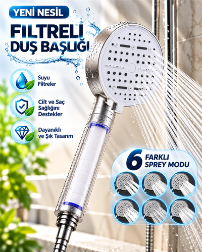 6 Modlu Filtreli Duş Başlığı Büyük Panel Su Tasarruflu Çok Fonksiyonlu Beyaz Duş Başlığı