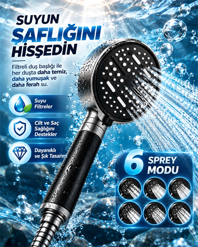 6 Sprey Modlu Filtreli Duş Başlığı Büyük Su Paneli Silikon Nozullu Modern Tasarım