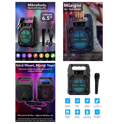 6.5 Inc Bluetooth Wireless Mikrofonlu Hoparlör - Speaker Usb Sarjlı Aux - Tf - Usb Ps-1283 Bx40