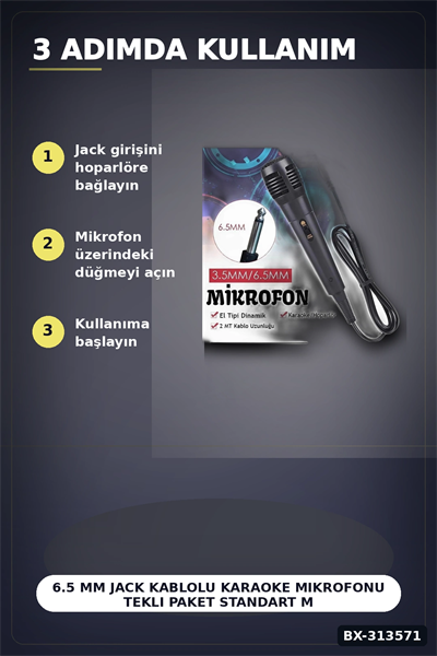 6.5 Mm Jack Kablolu Karaoke Mikrofonu Tekli Paket Standart Model Ses Sistemi Icin BX-313571