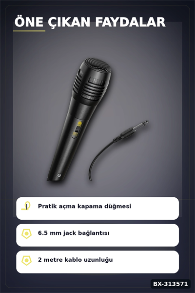 6.5 Mm Jack Kablolu Karaoke Mikrofonu Tekli Paket Standart Model Ses Sistemi Icin BX-313571