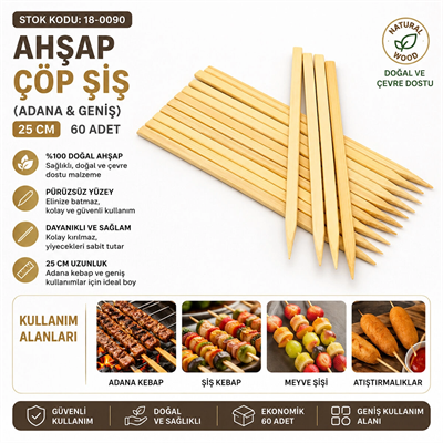 60 Adet Ahşap Geniş Çöp Şiş - Adana Kebap Şişi - 25 cm