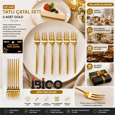 60 Parça Gold Tatlı Çatal Seti 13cm - 1 Paket İçinde 6 Adet Vardır - 10 Paket Gönderilir Bx40