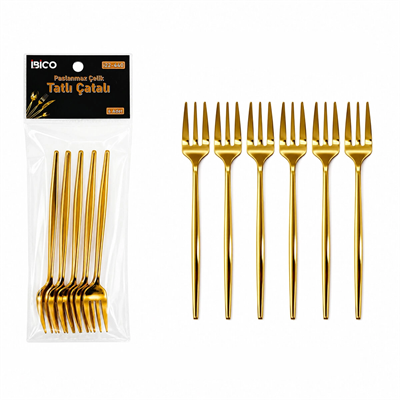 60 Parça Gold Tatlı Çatal Seti 13cm - 1 Paket İçinde 6 Adet Vardır - 10 Paket Gönderilir Bx40
