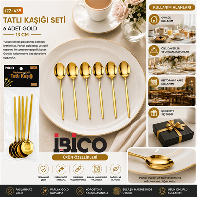 60 Parça Gold Tatlı Kaşık Seti 13cm - 1 Paket İçinde 6 Adet Vardır - 10 Paket Gönderilir Bx40