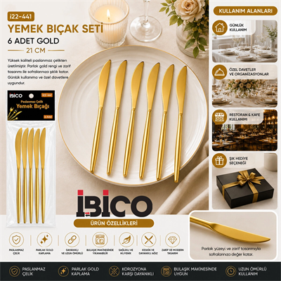 60 Parça Gold Yemek Bıçak Seti 21cm - 1 Paket İçinde 6 Adet Vardır - 10 Paket Gönderilir Bx40