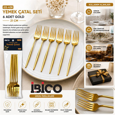 60 Parça Gold Yemek Çatal Seti 21cm - 1 Paket İçinde 6 Adet Vardır - 10 Paket Gönderilir Bx40