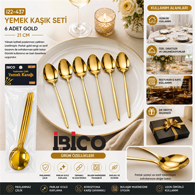60 Parça Gold Yemek Kaşık Seti 21cm - 1 Paket İçinde 6 Adet Vardır - 10 Paket Gönderilir Bx40