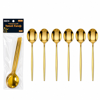 60 Parça Gold Yemek Kaşık Seti 21cm - 1 Paket İçinde 6 Adet Vardır - 10 Paket Gönderilir Bx40