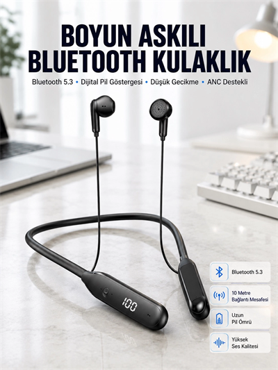 60 Saat Kablolu Boyun Askılı Dijital Göstergeli Bluetooth Kulaklığı Yeni Nesil