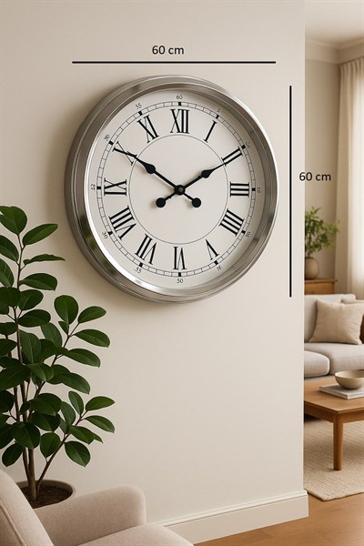 60 cm Krom Metal Roma Rakamlı Duvar Saati