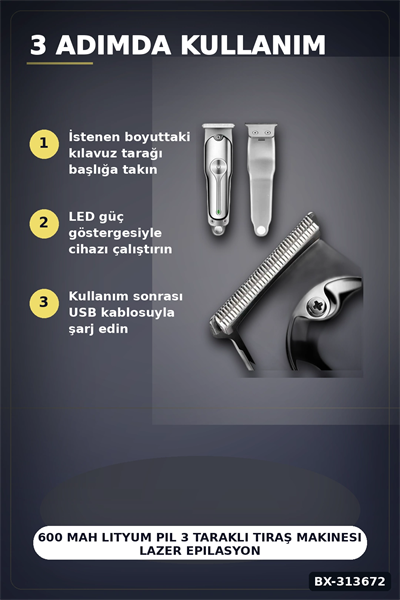 600 Mah Lityum Pil 3 Taraklı Tıraş Makinesi Lazer Epilasyon Öncesi Kısaltma BX-313672