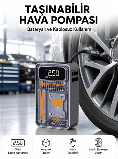 6000mAh Bataryalı LED Ekranlı Akıllı Hava Kompresörü