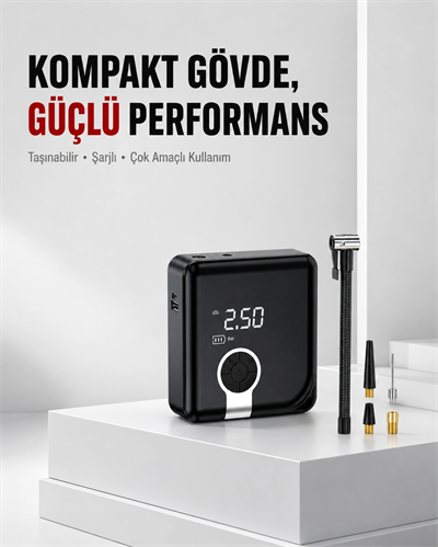 6000mAh Bataryalı Type-C Şarjlı Diyafram Tip Kompresör LED Işıklı