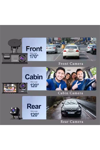 64GB Araç İçi Kamera 3 Kameralı (Yol + Araç İçi+ Arka) FHD Video Kayıt Mikrofonlu Türkçe CC-33
