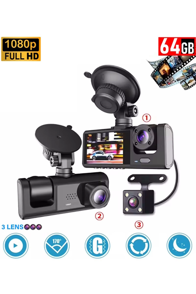 64GB Araç İçi Kamera 3 Kameralı (Yol + Araç İçi+ Arka) FHD Video Kayıt Mikrofonlu Türkçe CC-33