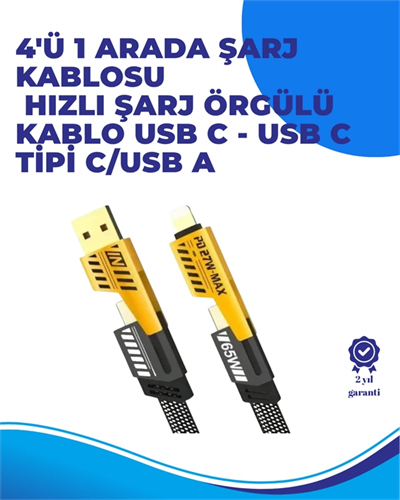 65W 4ü 1 Arada Çoklu Şarj Kablosu – USB-C, USB-A, Lightning, Veri ve Şarj Desteği