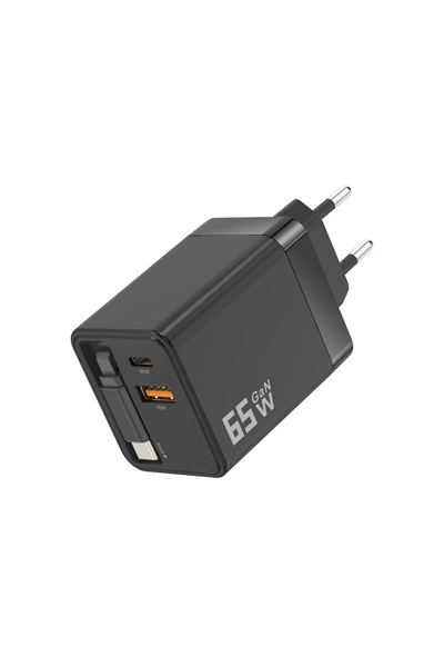 65W Süper Hızlı Şarj Cihazı | Dahili Type-C Kablo | USB-C & USB-A Çıkış | Çoklu Cihaz Desteği