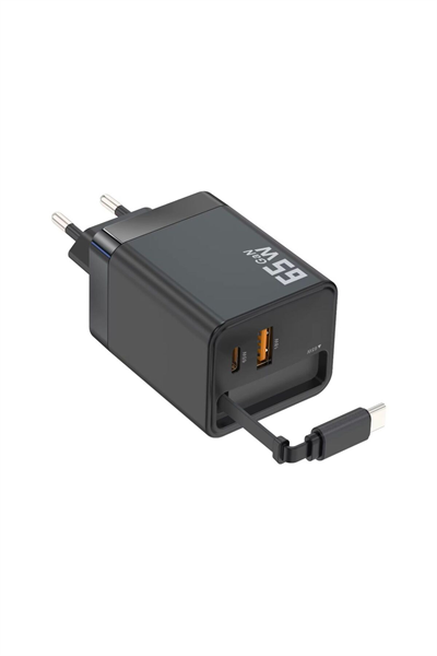 65W Süper Hızlı Şarj Cihazı | Dahili Type-C Kablo | USB-C & USB-A Çıkış | Çoklu Cihaz Desteği