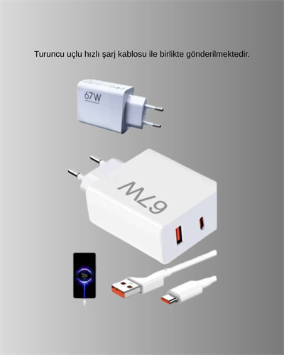 67W Süper Hızlı Şarj Adaptörü ve Kablo Seti – Güvenli, Kompakt ve Ergonomik Tasarım