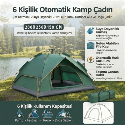 6 kişilik Otomatik Kamp Çadırı – Çift Katmanlı, Suya Dayanıklı, Hızlı Kurulum Outdoor Aile Ve Doğa Çadırı 200x250x150 Cm Bx40