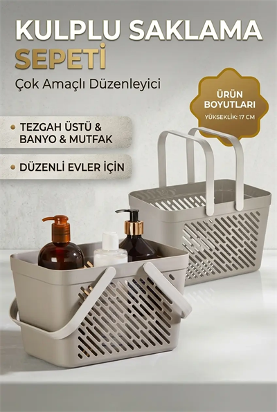6lı Gri Çok Amaçlı Organizer Sepet Kulplu Mutfak Banyo Saklama Seti