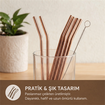 6lı Kaşıklı Pipet Seti - Bronz - Pipet Temizleme Fırçası