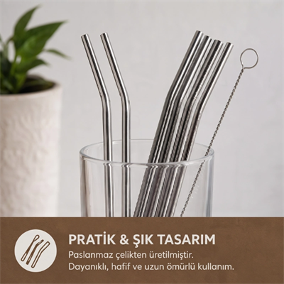6lı Kaşıklı Pipet Seti - Metal - Pipet Temizleme Fırçası