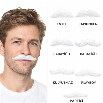 6’lı Yapışkanlı Beyaz Parti Bıyık Seti – Farklı Modeller
