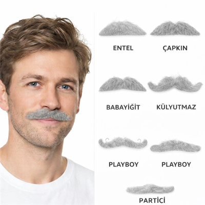 6’lı Yapışkanlı Gri Parti Bıyık Seti – Farklı Modeller