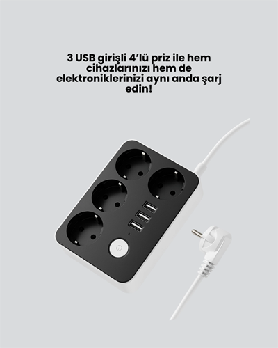 7 Cihazı Aynı Anda Destekleyen 3 USB Portlu 4’lü Priz