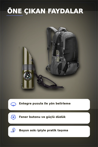 7 Fonksiyonlu Acil Durum Düdüğü El Feneri Pusula Termometre Kampçı Düdüğü 1 Adet BX-313448