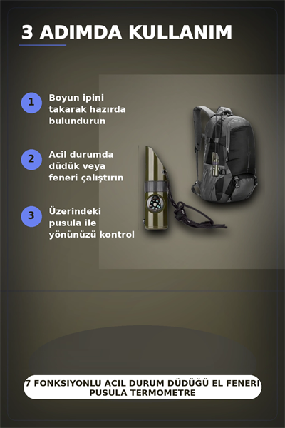 7 Fonksiyonlu Acil Durum Düdüğü El Feneri Pusula Termometre Kampçı Düdüğü 1 Adet BX-313448