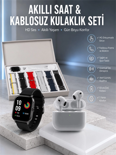 7 Kordonlu Akıllı Saat Ve 3.Nesil Kulaklık Dokunmatik Ekran Sesli Görüşme Yapabilen