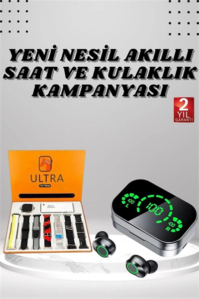 7 Kordonlu Akıllı Saat Ve Aynalı Bluetooth Kulaklık Powerbank Dijital Göstergeli