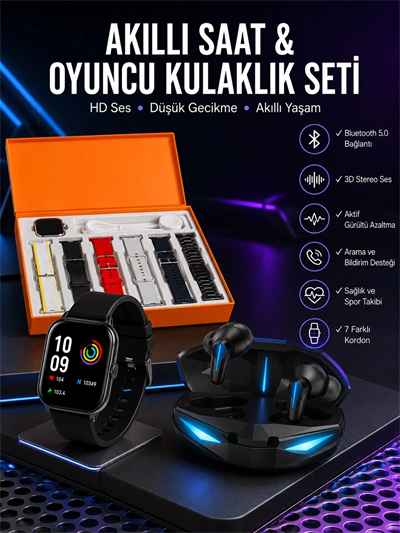 7 Kordonlu Akıllı Saat Ve Oyuncu Kulaklığı ANC Özelliği Kulak İçi Mikrofonlu Sesli Görüşme