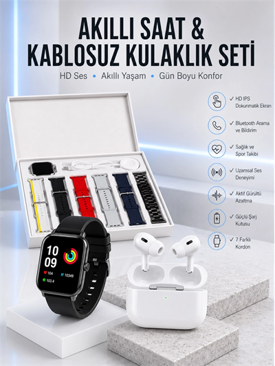 7 Kordonlu Akıllı Saat Ve Yeni Nesil Kulaklık Dokunmatik Ekran Android ve İOS Uyumlu