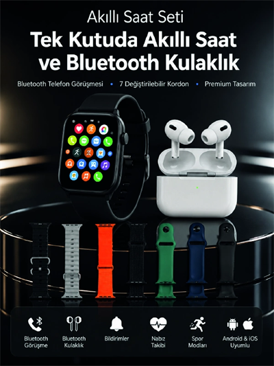 7 Kordonlu Akıllı Saat ve Bluetooth Kulaklık Seti Nabız Takibi, Bildirimler ve Spor Modları