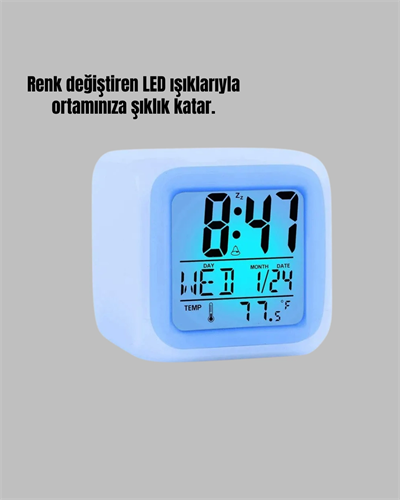 7 Renk LED Işıklı Alarmlı Dijital Küp Masa Saati Termometreli