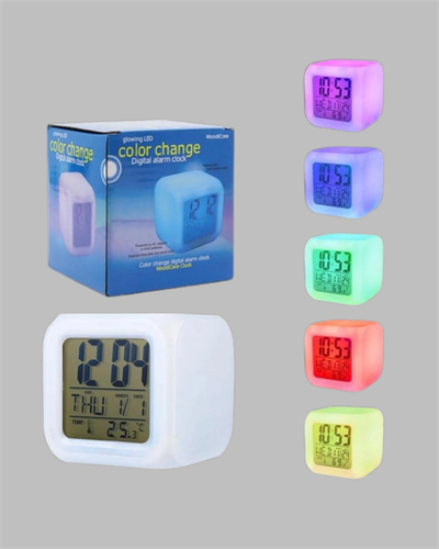7 Renk LED Işıklı Alarmlı Dijital Küp Masa Saati Termometreli