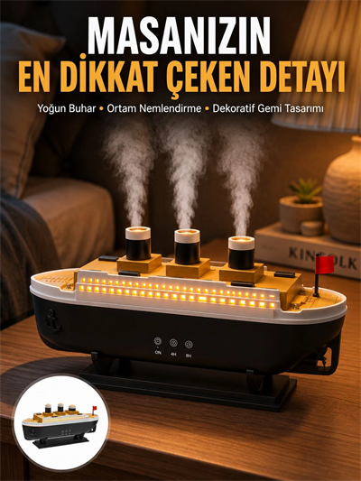 7 Renk Ortam Işıklı Dekoratif Gemi Tasarım Hava Nemlendirici Difüzör Yeni Nesil