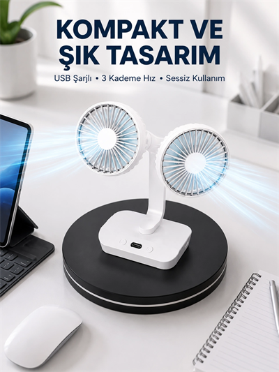 720° Döner Çift Taraflı Masaüstü Vantilatör – USB Şarjlı Sessiz Fan